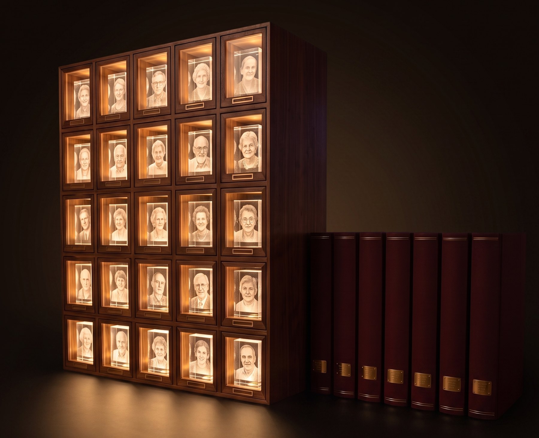 The Memorial Cabinet, twenty-five lit drawers