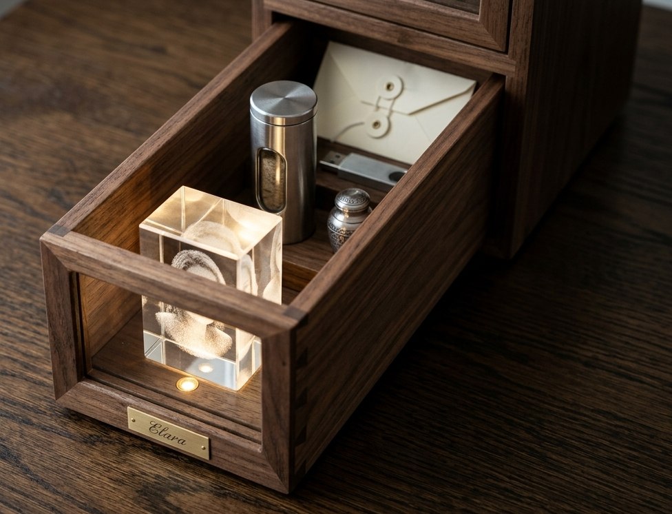One drawer pulled out: the lit crystal at the front behind glass, the DNA capsule and envelopes behind it, an engraved brass name plate on the drawer face