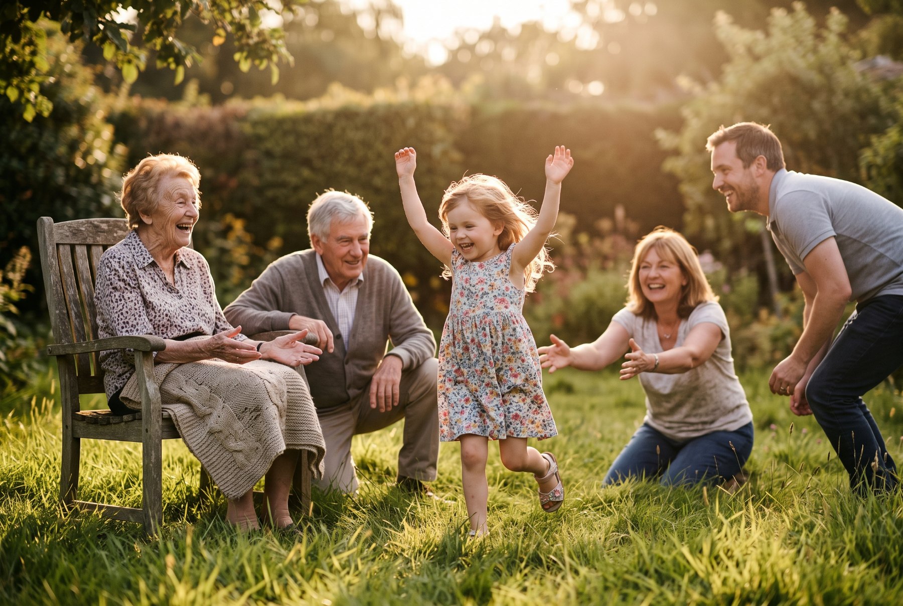Five generations of one family on a lawn in late afternoon, the youngest running through the middle of them, the sun low behind